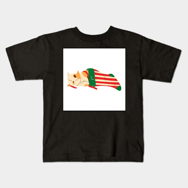 Cat Sleeping in Christmas Stocking Kids T-Shirt by Art by Ergate